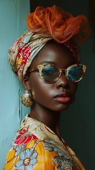 Amazing portrait of fashionable african american woman with african turban