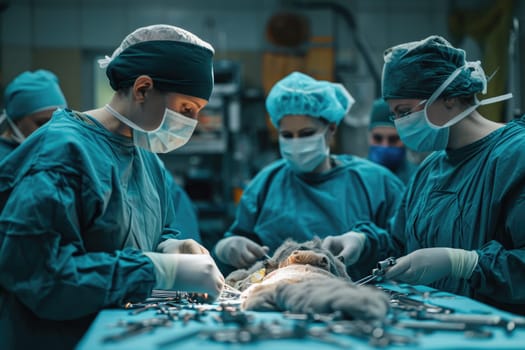 Qualified veterinarians perform surgery on an animal in the operating room