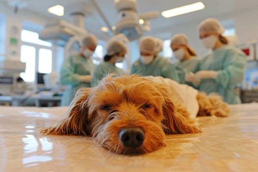 Qualified veterinarians perform surgery on an animal in the operating room