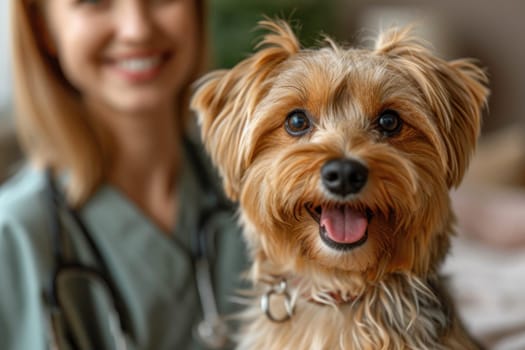 Comfortable service, veterinarian examining dog at home.