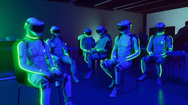 group of people in vr glasses and uniform, generative ai. High quality photo