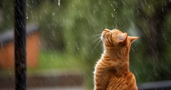 red cat under rain turning its face to drops, generative ai. High quality photo