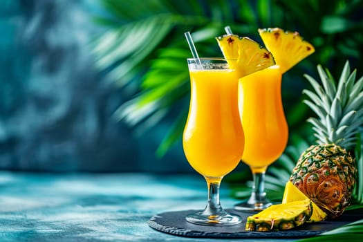 Two glasses of tropical non-alcoholic cocktail with pineapple juice. Mocktail in a beautiful tall glass, with a glass cocktail straw, decorated with pineapple rings. AI generated.