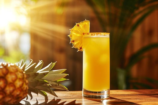 Glass with tropical non-alcoholic cocktail with pineapple juice. Mocktail in a beautiful tall glass, decorated with pineapple rings. AI generated.