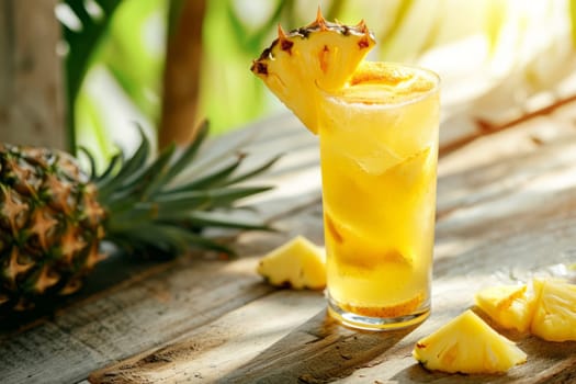 Glass with tropical non-alcoholic cocktail with pineapple juice. Mocktail in a beautiful tall glass, decorated with pineapple rings. AI generated.