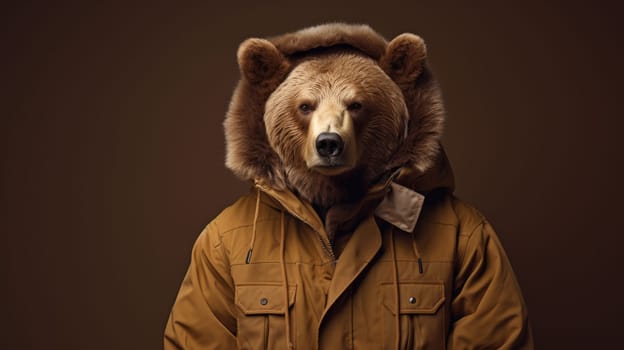 Grizzly Brown hipster bear in a coat on a brown background. AI
