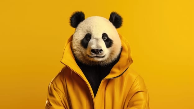 Hipster panda in a coat on a yellow background AI