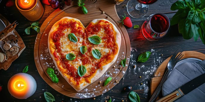 Heart shaped pizza for Valentines day on dark rustic wooden background pragma