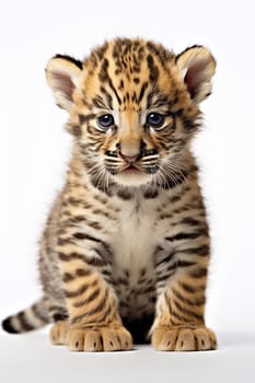 Cute tiger cub looking at camera on white background