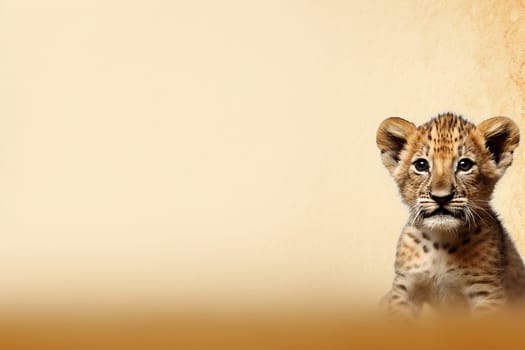 Cute bengal tiger cub looking forward on beige background