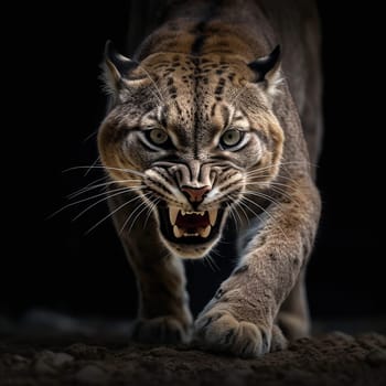 Snarling Cougar with open mouth, attacking a prey, hunting for a meal while roaring aggressively