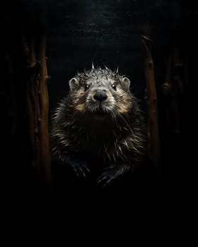 Eurasian beaver underwater emerging in dark, dramatic lighting.