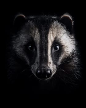 European badger close up against a black background