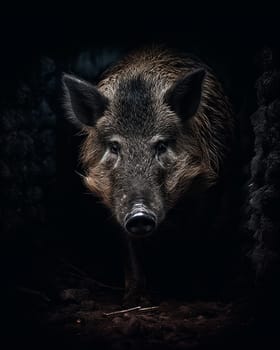 Wild boar emerges from the dark, intense gaze.