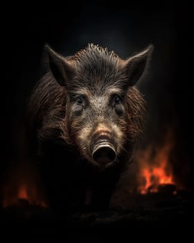 Wild boar emerges from the dark, intense gaze.