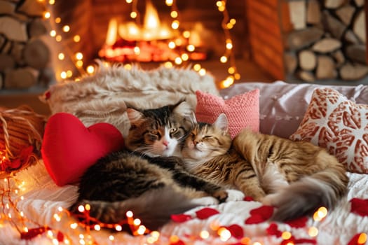 A couple of happy kittens cats together in a cozy room. Kittens loving each other. Adorable cat hugs for Valentine's Day. pragma