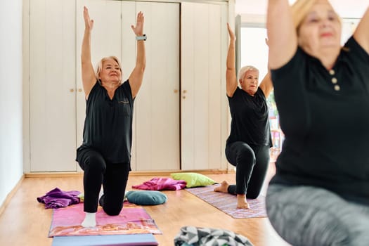 A group of senior women engage in various yoga exercises, including neck, back, and leg stretches, under the guidance of a trainer in a sunlit space, promoting well-being and harmony.