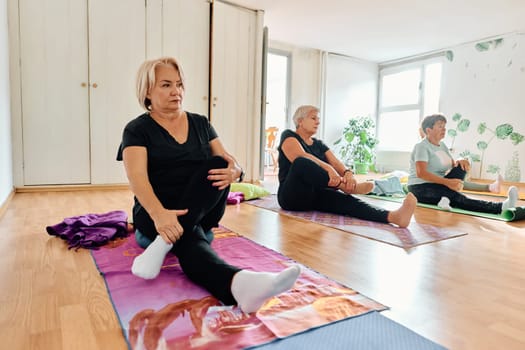 A group of senior women engage in various yoga exercises, including neck, back, and leg stretches, under the guidance of a trainer in a sunlit space, promoting well-being and harmony.