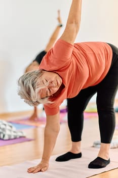 A group of senior women engage in various yoga exercises, including neck, back, and leg stretches, under the guidance of a trainer in a sunlit space, promoting well-being and harmony.