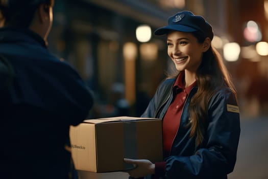 Smiling Person Holding Delivery Package: Portrait of a Happy Caucasian Female with a Cardboard Box, Embracing the Joy of Online Shopping