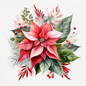 Festive Christmas Floral Composition: A Happy Holiday Greeting Card with Vintage Watercolor Illustration of Red Poinsettia Flower and Holly Leaves on a Traditional Retro Design Background