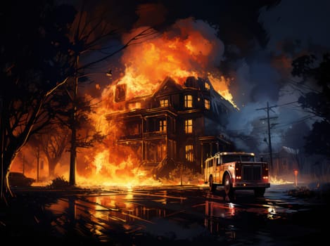 Infernal Blaze: A House Engulfed in Burning Flames, Smoke, and Destruction.