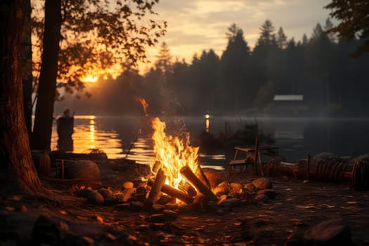 Nature's Fiery Embrace: A Mesmerizing Sunset Bonfire by the Lake