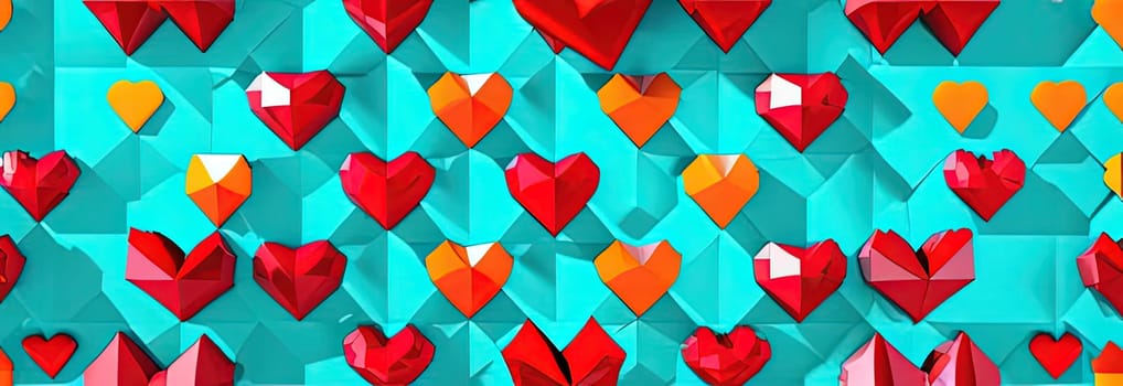 Valentines day polygonal abstract orange, red hearts pastel background banner. Perfect for Valentines Day card, romantic themed design, voucher, greeting card, wrapping paper. Concept love. Copy space