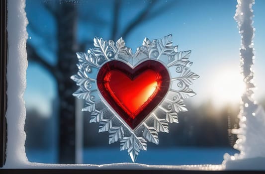 Valentines day red heart on frozen window with forest on background. Banner perfect for Valentines Day card, romantic themed design, voucher, greeting card, print. Concept love. Copy space