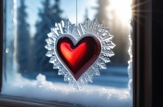 Valentines day red heart on frozen window with forest on background. Banner perfect for Valentines Day card, romantic themed design, voucher, greeting card, print. Concept love. Copy space