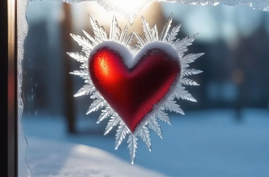 Valentines day red heart on frozen window with forest on background. Banner perfect for Valentines Day card, romantic themed design, voucher, greeting card, print. Concept love. Copy space