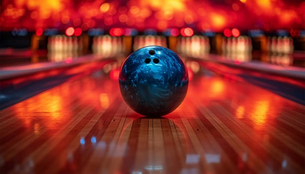 Bowling concept. Colorful blue Bowling Ball on wooden track crashing into the pins on bowling alley line. Illustration of bowling strike. Sport competition or Tournament. colorful