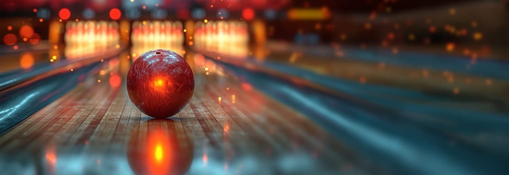Bowling concept. Colorful Red Bowling Ball on wooden track crashing into the pins on bowling alley line. Illustration of bowling strike. Sport competition or Tournament. colorful