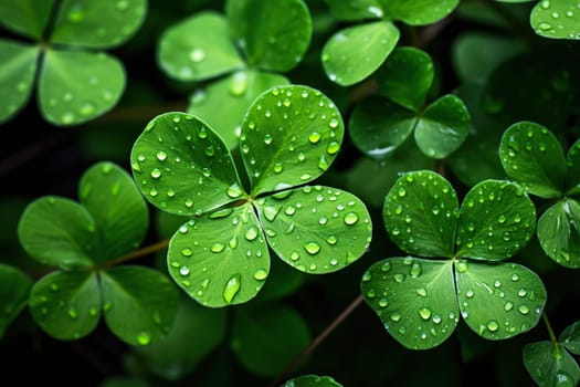 Four leaf clover with water drops. Green natural background.