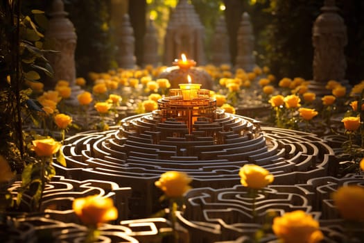 Magical labyrinth in the garden with yellow flowers.
