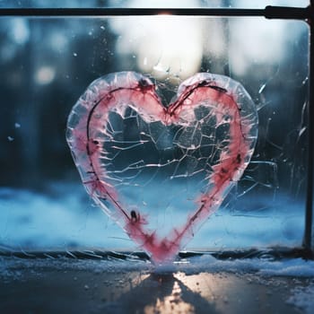 Valentines day transparent heart on frozen window with forest on background. Banner perfect for Valentines Day card, romantic themed design, voucher, greeting card, print. Concept love. Copy space