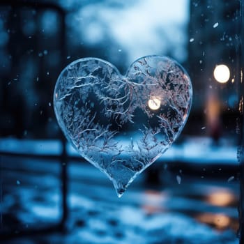 Valentines day transparent heart on frozen window with forest on background. Banner perfect for Valentines Day card, romantic themed design, voucher, greeting card, print. Concept love. Copy space