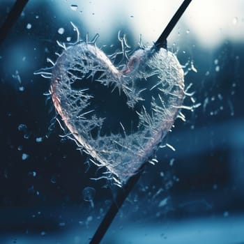 Valentines day transparent heart on frozen window with forest on background. Banner perfect for Valentines Day card, romantic themed design, voucher, greeting card, print. Concept love. Copy space