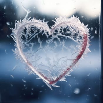 Valentines day transparent heart on frozen window with forest on background. Banner perfect for Valentines Day card, romantic themed design, voucher, greeting card, print. Concept love. Copy space