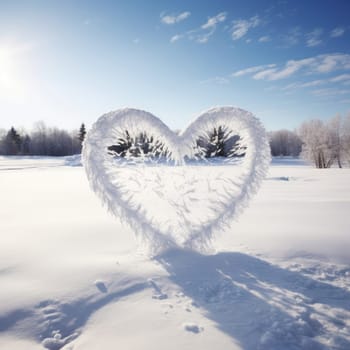 Valentines day snow heart on a snowy field with forest on background. Banner perfect for Valentines Day card, romantic themed design, voucher, greeting card, print. Concept love. Copy space