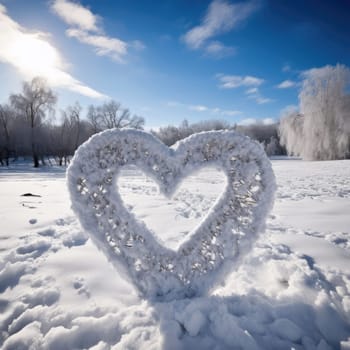 Valentines day snow heart on a snowy field with forest on background. Banner perfect for Valentines Day card, romantic themed design, voucher, greeting card, print. Concept love. Copy space