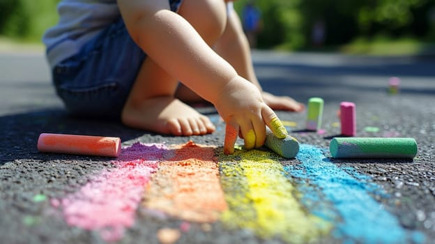 The child draws a house and a rainbow on the asphalt with chalk. Selective focus. Kids. Generative AI,
