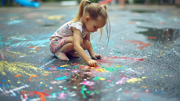 The child draws a house and a rainbow on the asphalt with chalk. Selective focus. Kids. Generative AI,