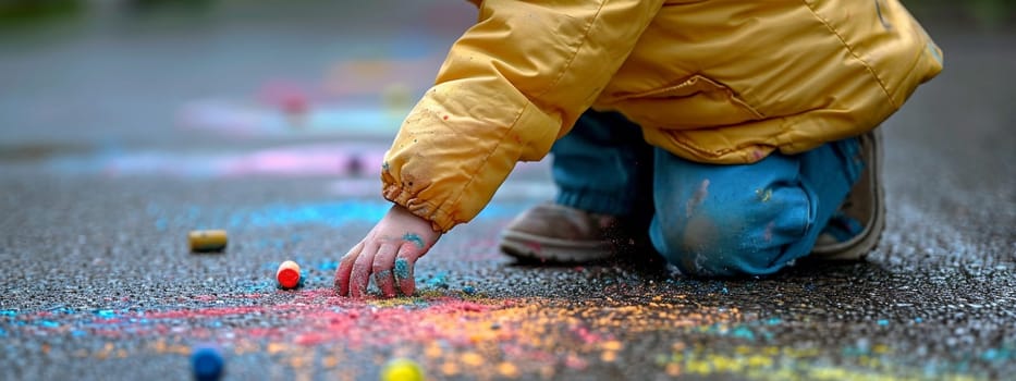 The child draws a house and a rainbow on the asphalt with chalk. Selective focus. Kids. Generative AI,