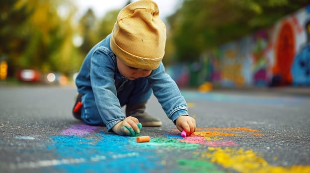 The child draws a house and a rainbow on the asphalt with chalk. Selective focus. Kids. Generative AI,