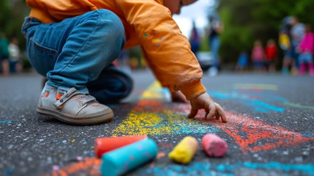 The child draws a house and a rainbow on the asphalt with chalk. Selective focus. Kids. Generative AI,