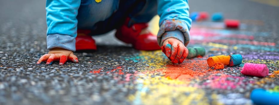 The child draws a house and a rainbow on the asphalt with chalk. Selective focus. Kids. Generative AI,