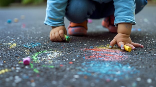 The child draws a house and a rainbow on the asphalt with chalk. Selective focus. Kids. Generative AI,