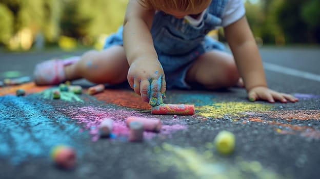 The child draws a house and a rainbow on the asphalt with chalk. Selective focus. Kids. Generative AI,