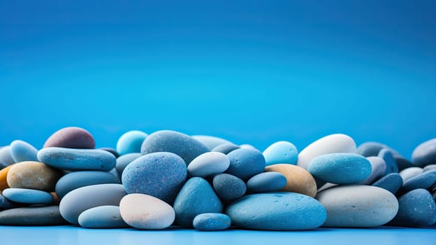 Smooth oval colored stones on a blue background.